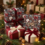Luxury Christmas gift wrap with vintage botanical print and velvet bows by Wrapped Studios.