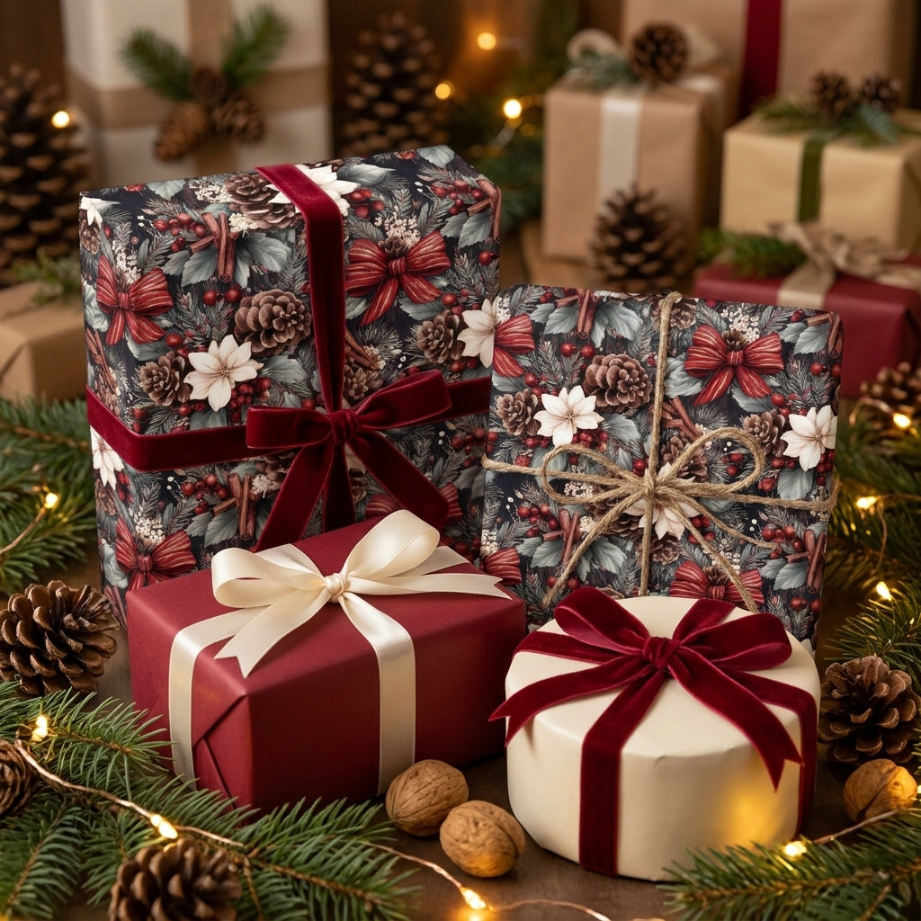 Luxury Christmas gift wrap with vintage botanical print and velvet bows by Wrapped Studios.