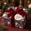 Vintage floral Christmas wrapping paper with a red velvet bow on a gift box by Wrapped Studios.
