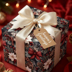 Luxury Christmas wrapping paper with vintage botanical print, cream bow, and gift tag by Wrapped Studios.