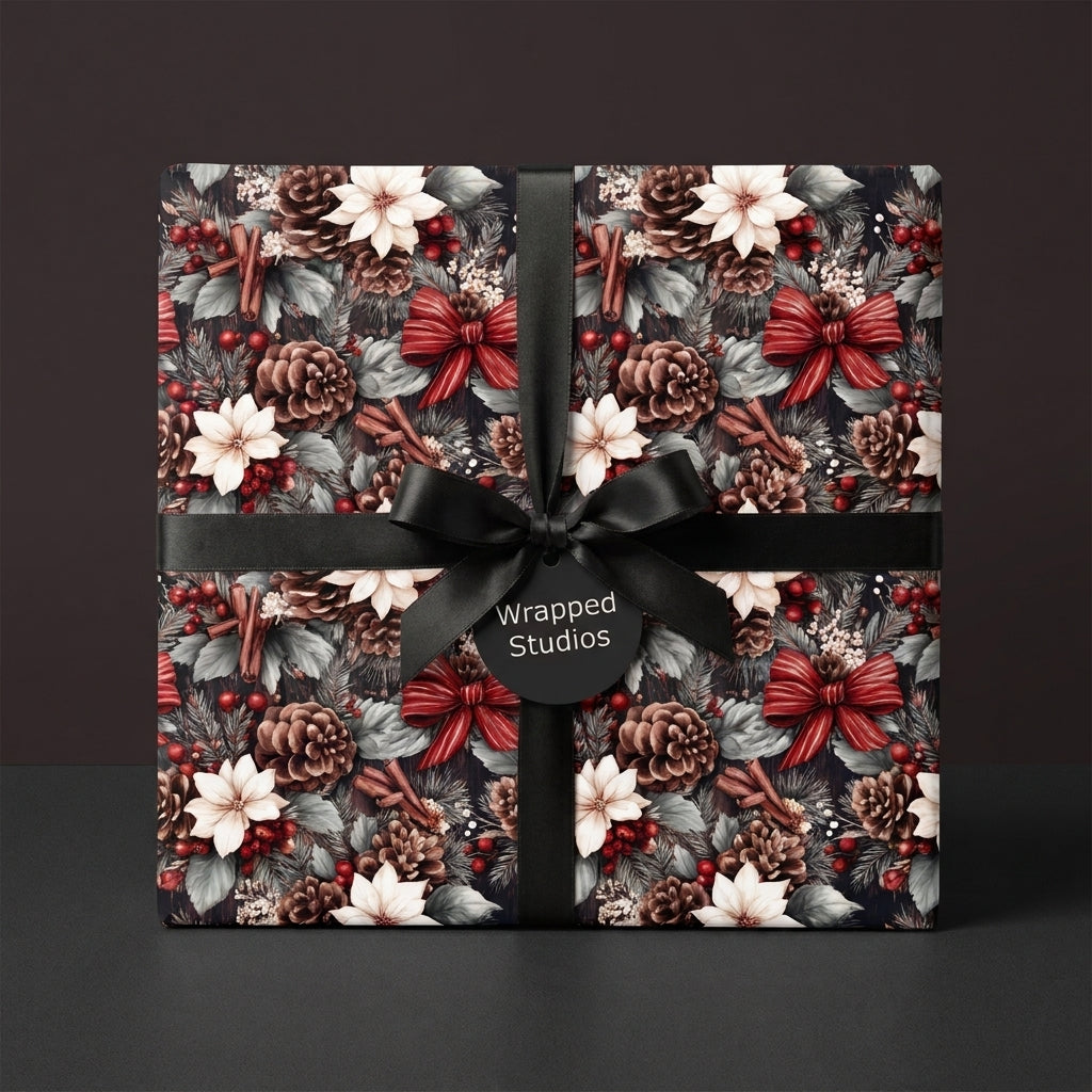 Rustic Christmas wrapping paper with poinsettias, pinecones, and black ribbon by Wrapped Studios.