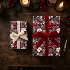 Luxury Christmas wrapping paper with a rustic pinecone pattern and red velvet bow by Wrapped Studios.