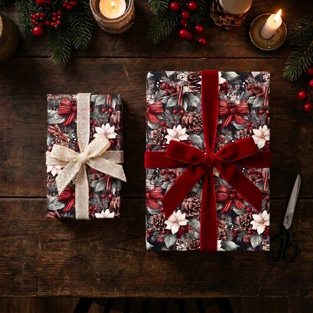 Luxury Christmas wrapping paper with a rustic pinecone pattern and red velvet bow by Wrapped Studios.