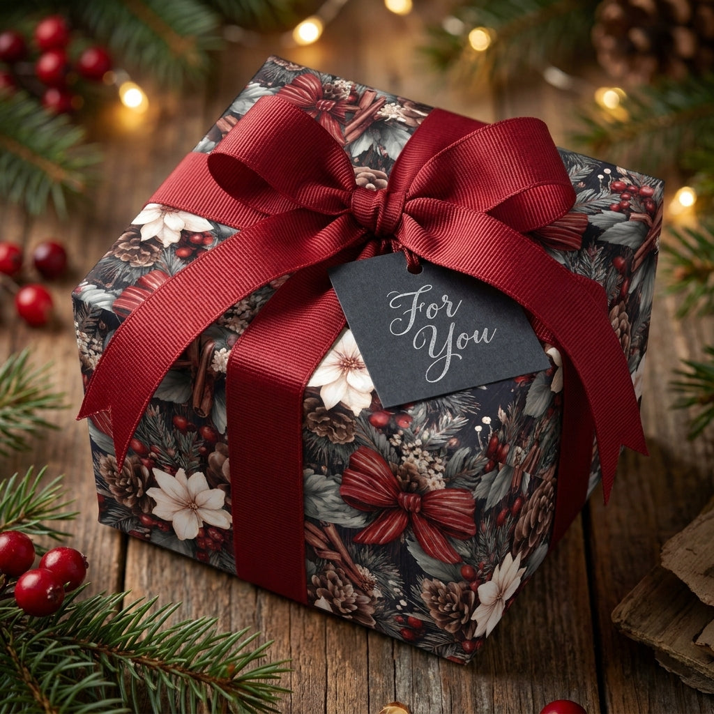 Luxury Christmas gift wrap with vintage floral pinecone pattern and red ribbon, Wrapped Studios.
