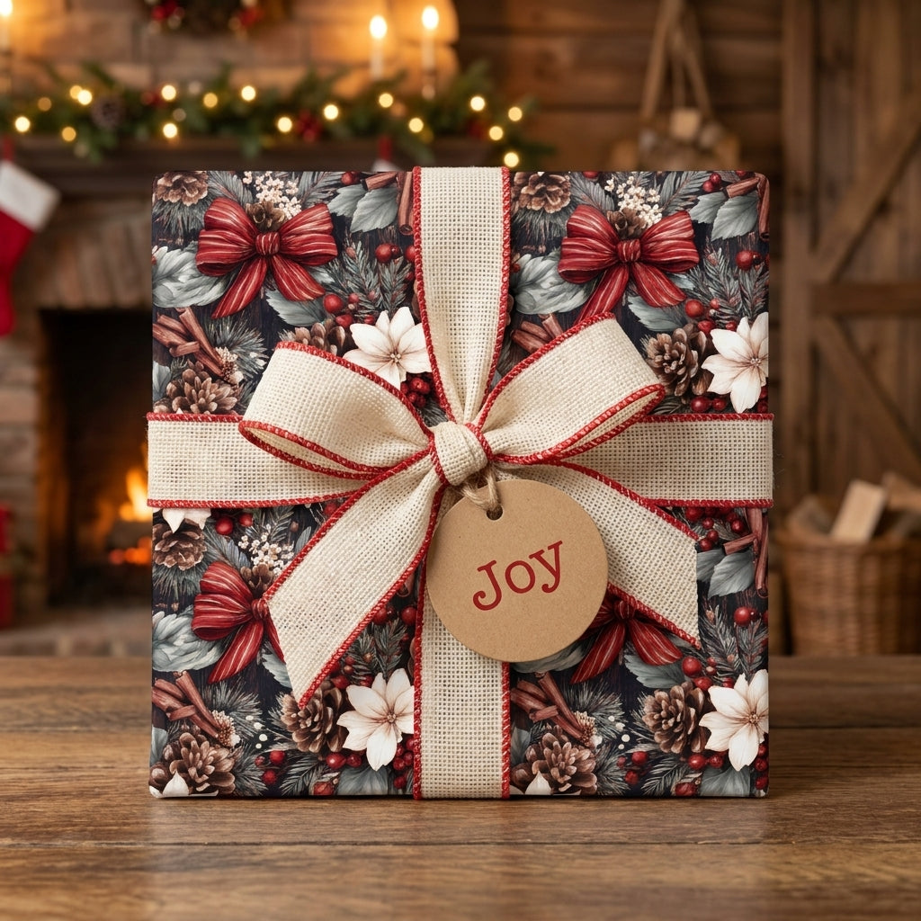 Vintage Christmas wrapping paper with poinsettias and a burlap bow by Wrapped Studios.