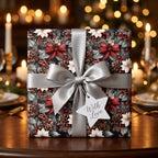 Luxury holiday wrapping paper with a floral pinecone pattern and silver bow by Wrapped Studios.
