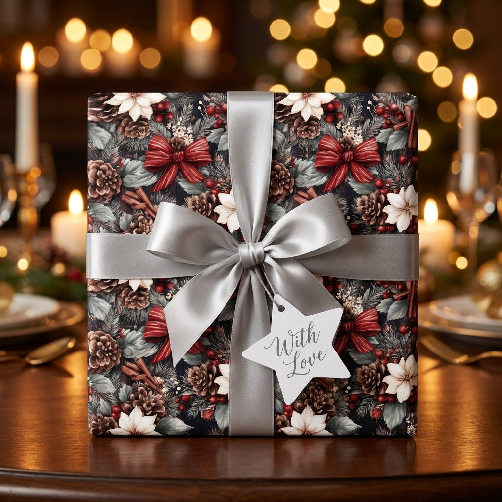 Luxury holiday wrapping paper with a floral pinecone pattern and silver bow by Wrapped Studios.