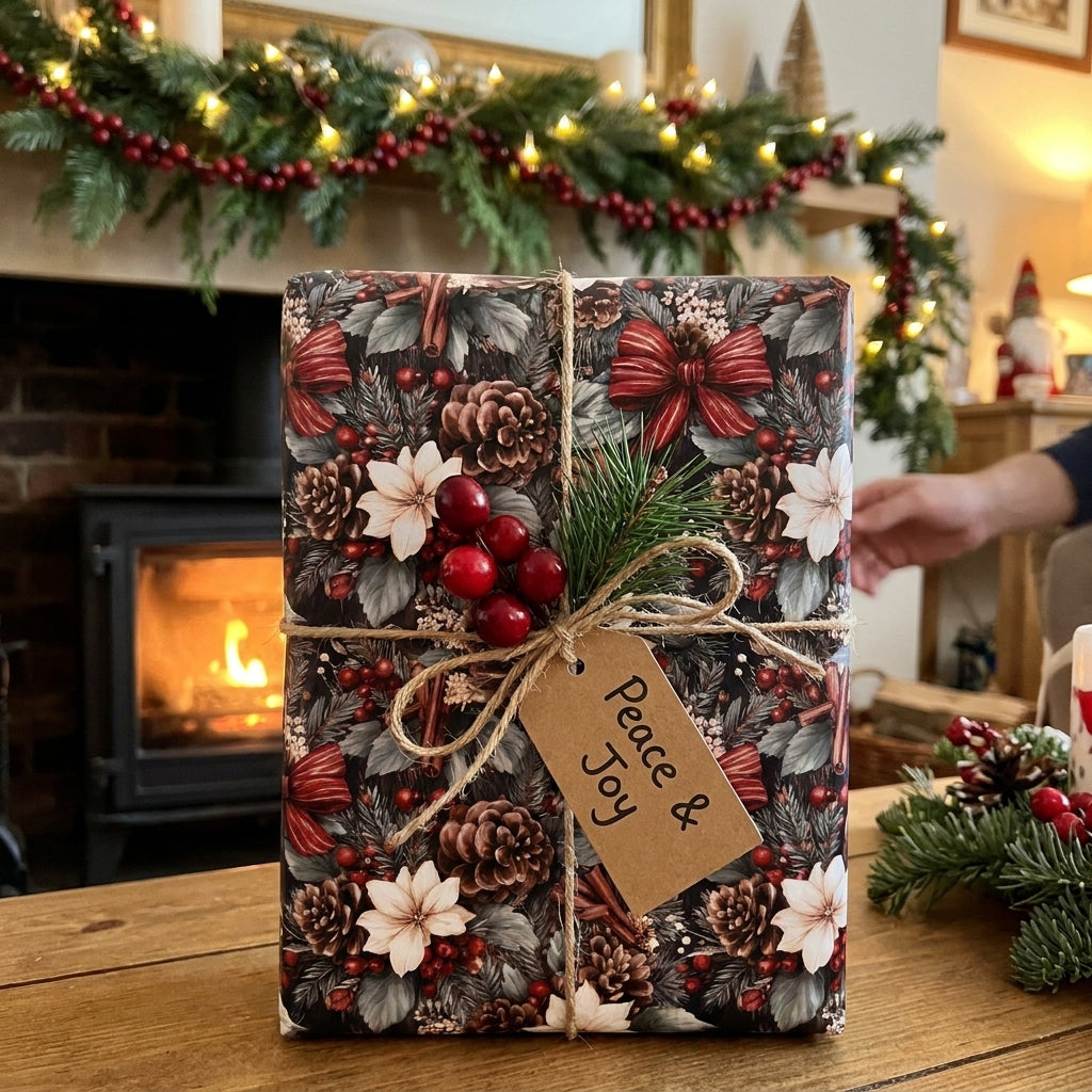 Rustic Christmas wrapping paper with a vintage pinecone pattern on a gift box by Wrapped Studios.