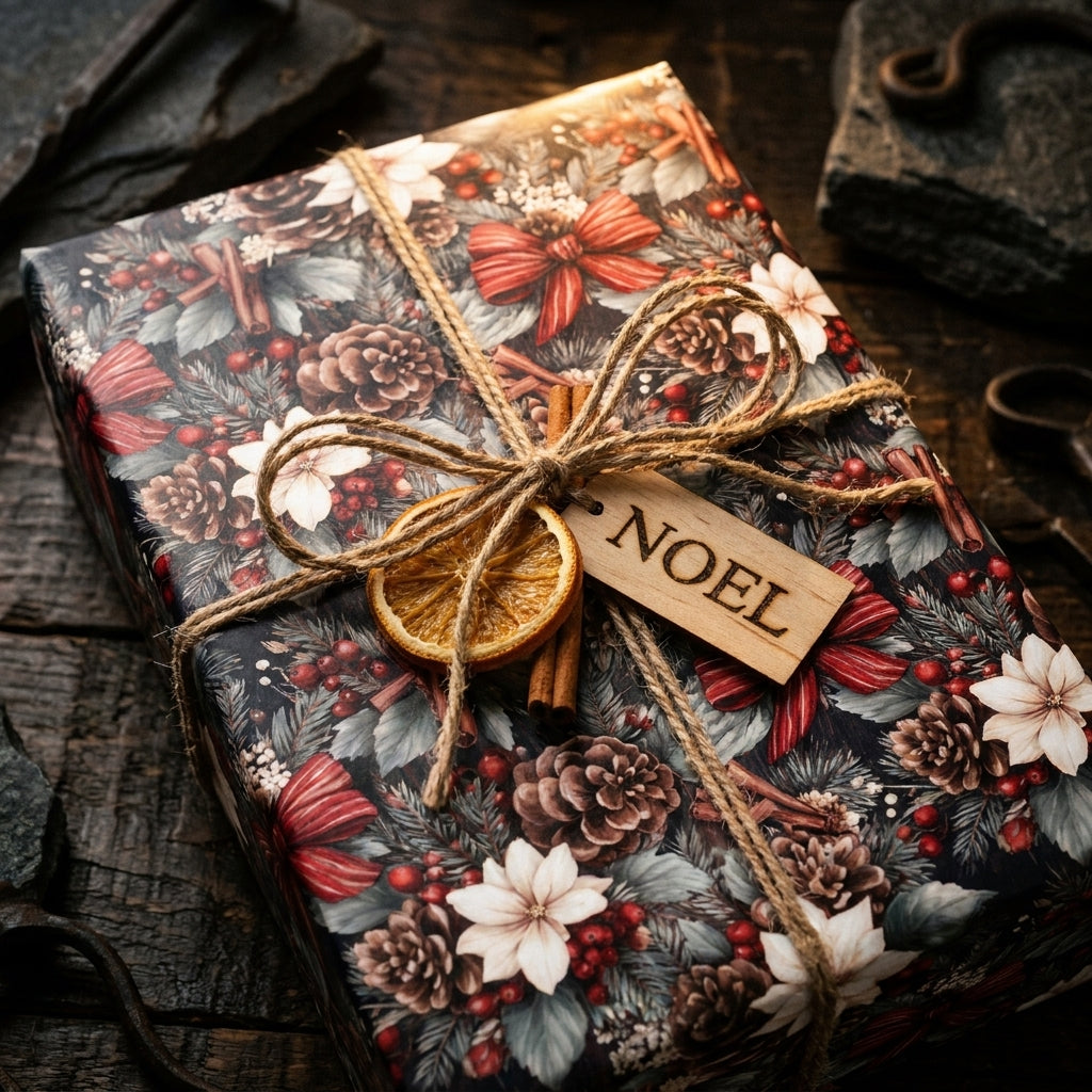 Vintage Christmas wrapping paper with pinecones, twine, and Noel tag on a gift box by Wrapped Studios.