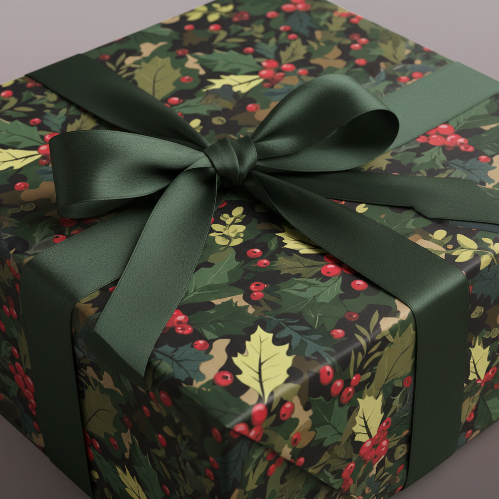 Elegant Christmas gift wrap with holly berry floral pattern and dark green ribbon bow.