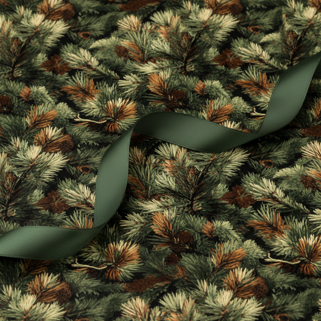 Dark green Christmas wrapping paper with pine boughs and cones pattern plus a satin ribbon.