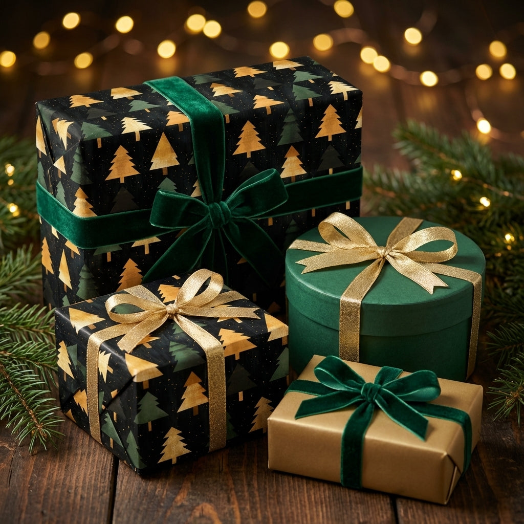 Luxury Christmas gift wrap with gold tree pattern, tied with green velvet and gold ribbons.