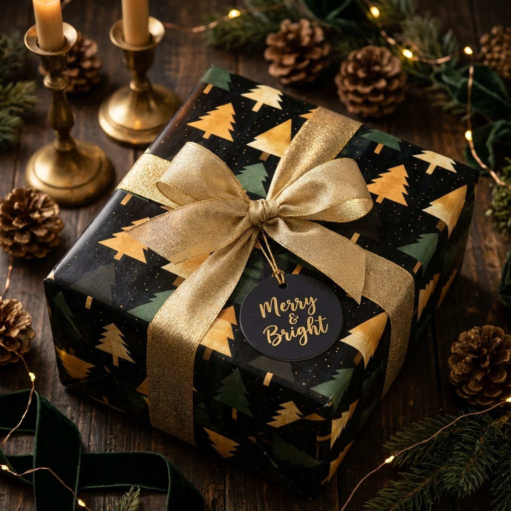 Elegant Christmas gift wrapped in Wrapped Studios tree print paper with gold ribbon and Merry & Bright tag.