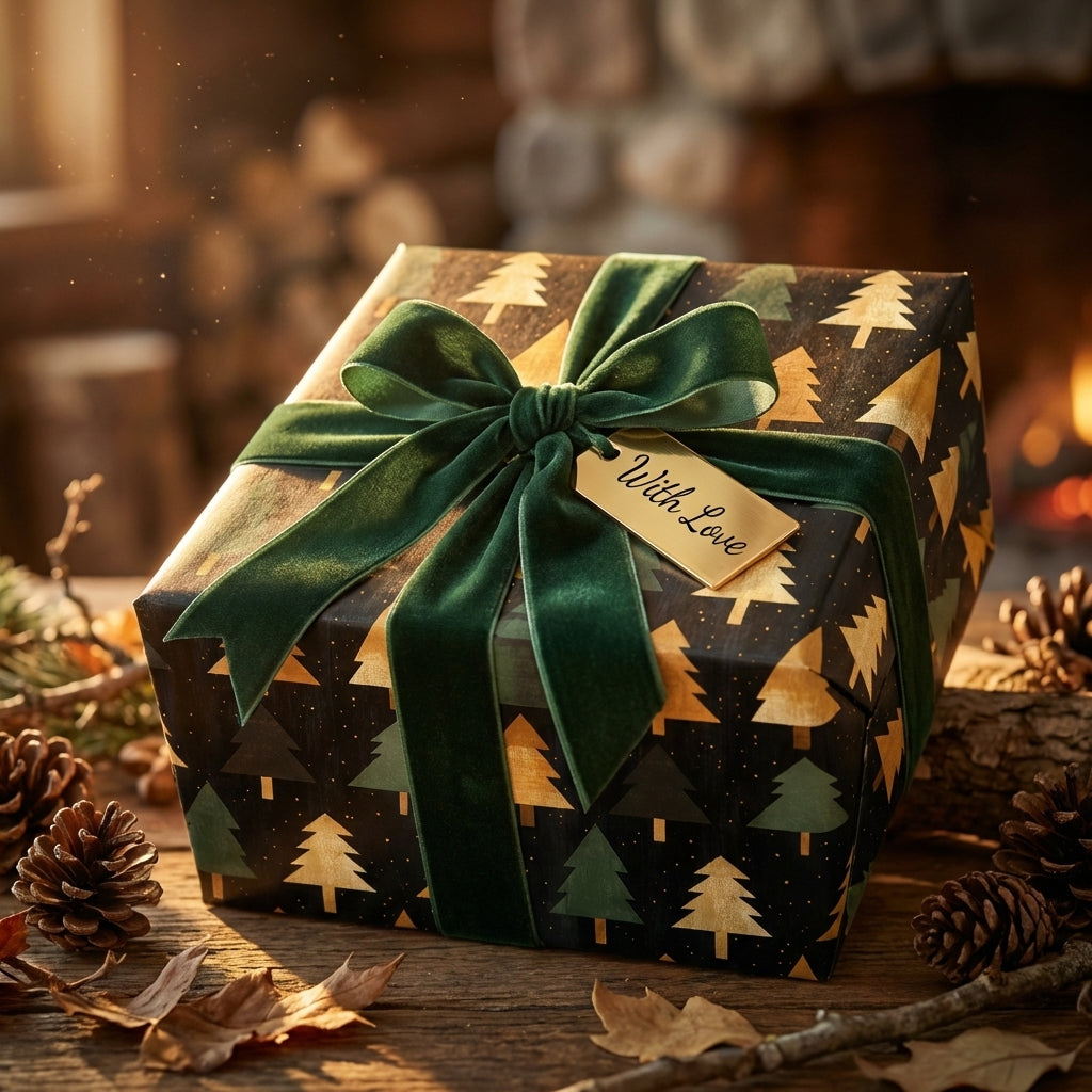 Elegant Christmas gift wrap featuring a gold tree pattern and green velvet ribbon.