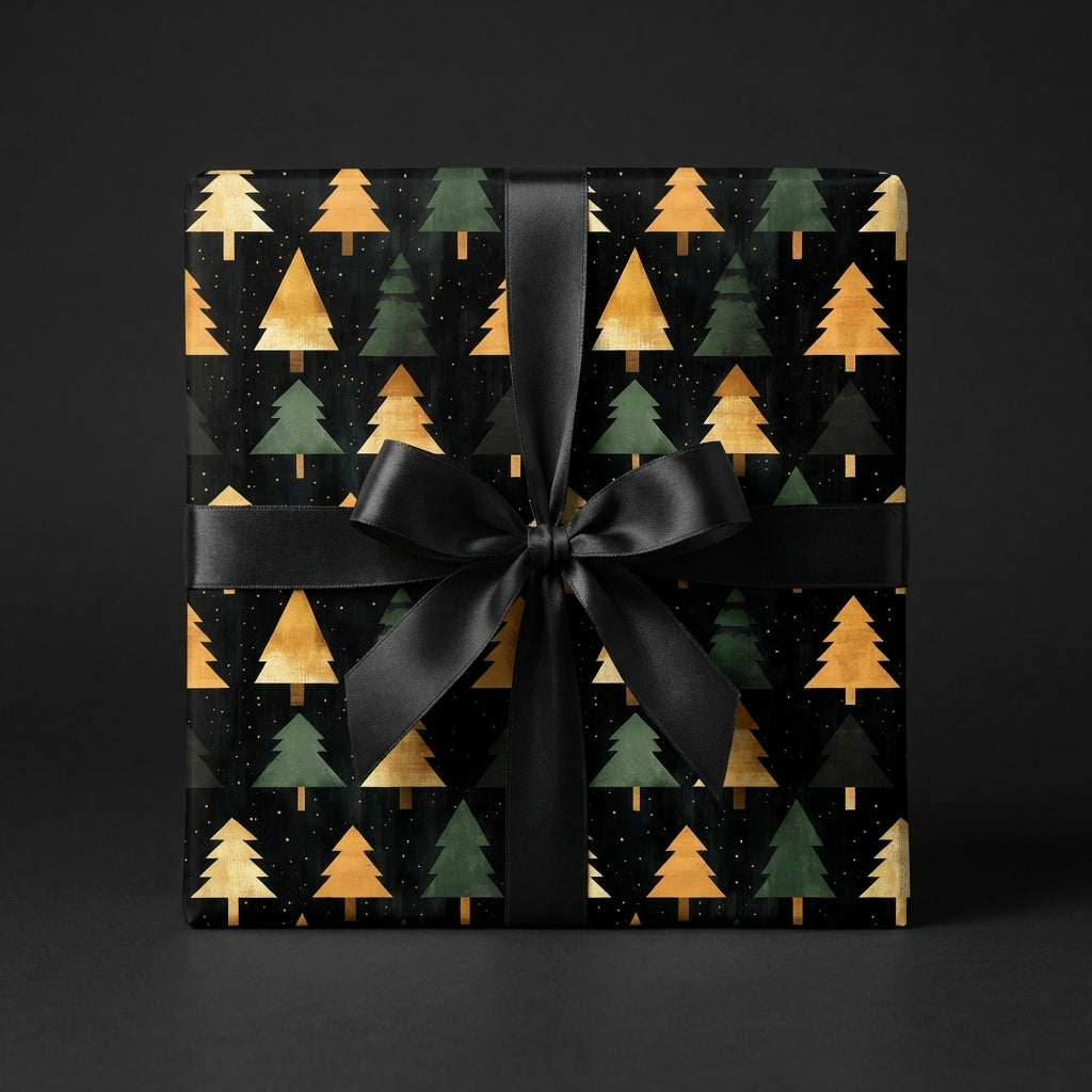 Elegant Christmas gift wrapped in black paper with gold and green trees and a black ribbon bow.