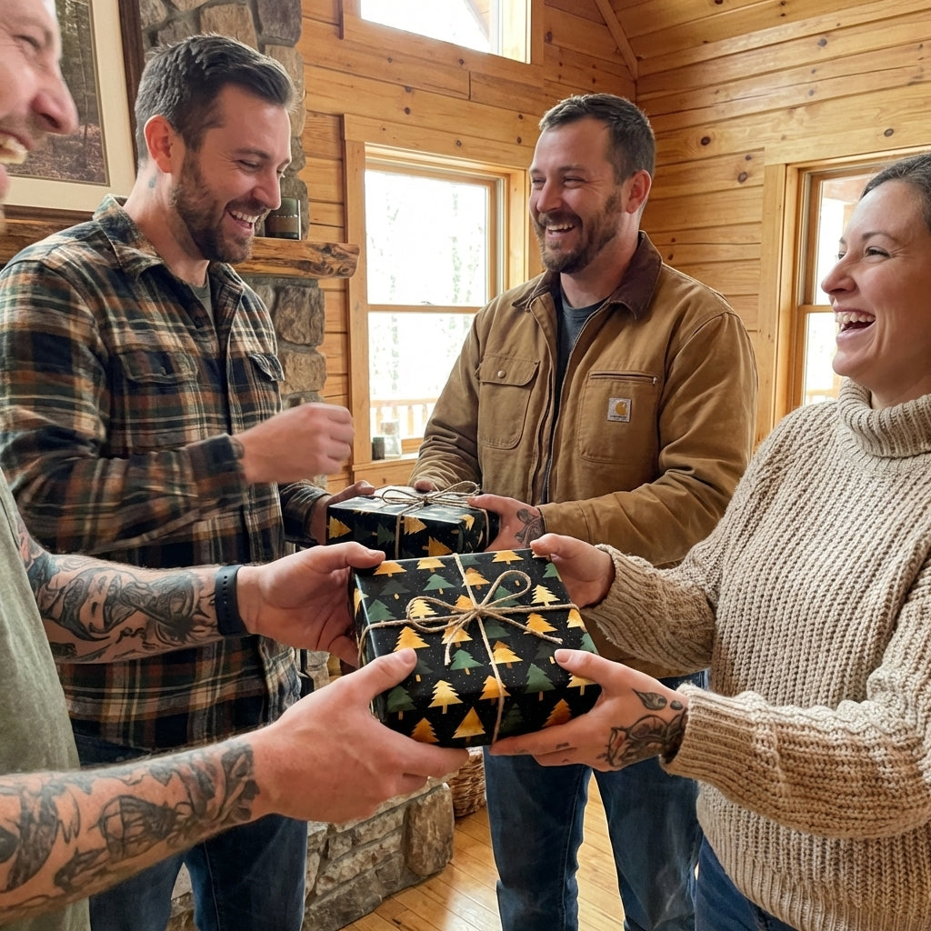 People exchanging gifts wrapped in black Christmas tree wrapping paper with twine bows.