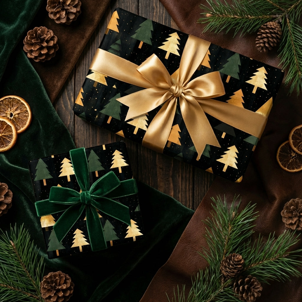 Elegant Christmas gift wrap featuring gold trees on black, with gold and green velvet bows.