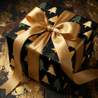 Elegant Christmas gift wrap: Gold ribbon on box with tree pattern.