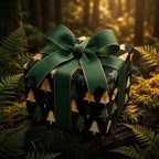 Elegant Christmas gift wrap featuring gold tree pattern and emerald ribbon, Wrapped Studios.