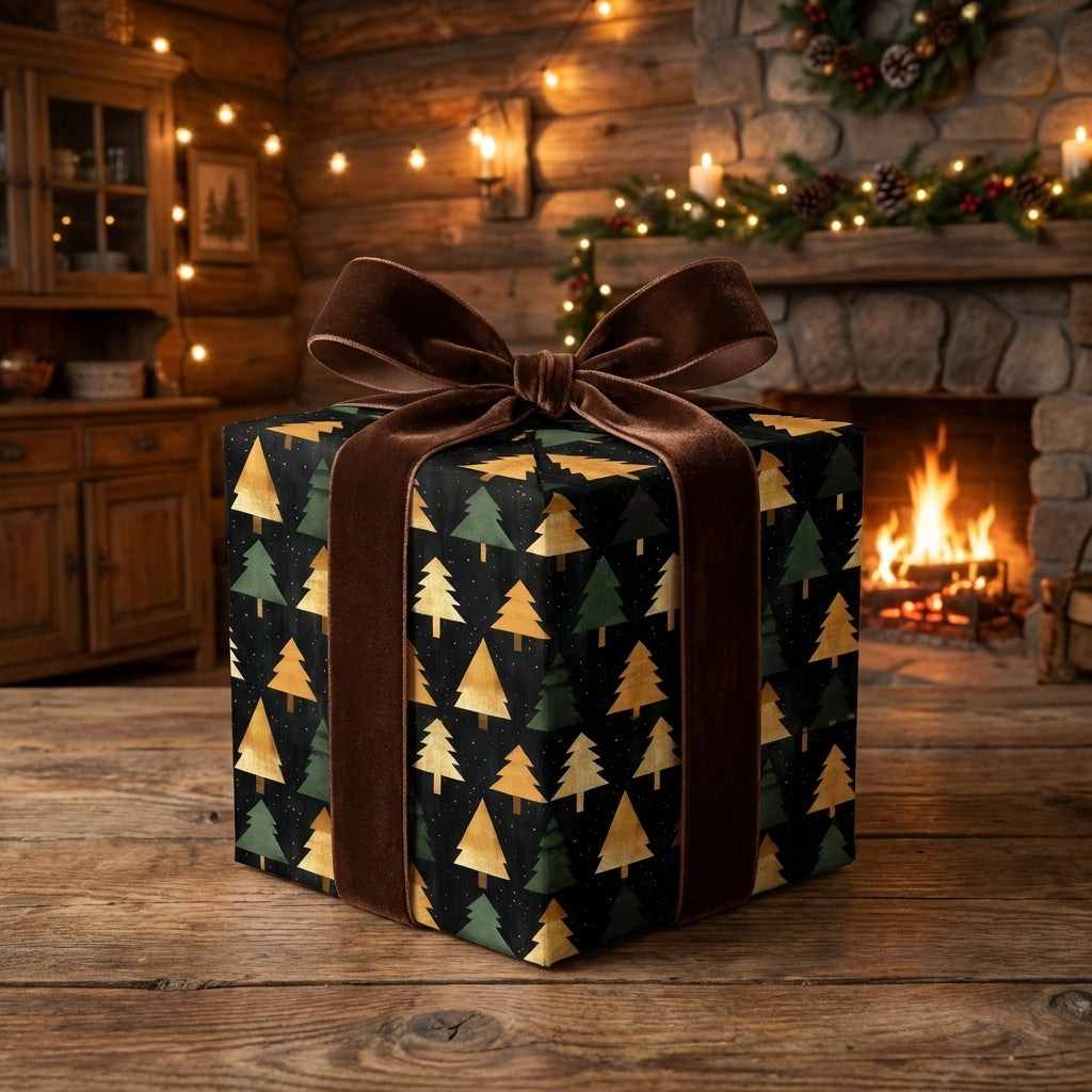 Christmas gift with tree wrapping paper and a brown velvet ribbon in front of a fireplace.