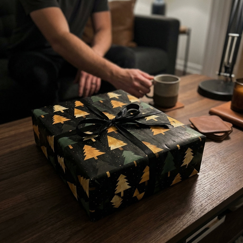 Black Christmas wrapping paper with gold/green trees and black ribbon by Wrapped Studios.