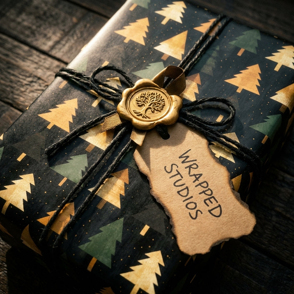 Wrapped Studios luxury gift with Christmas tree wrapping paper, gold wax seal and rustic twine.