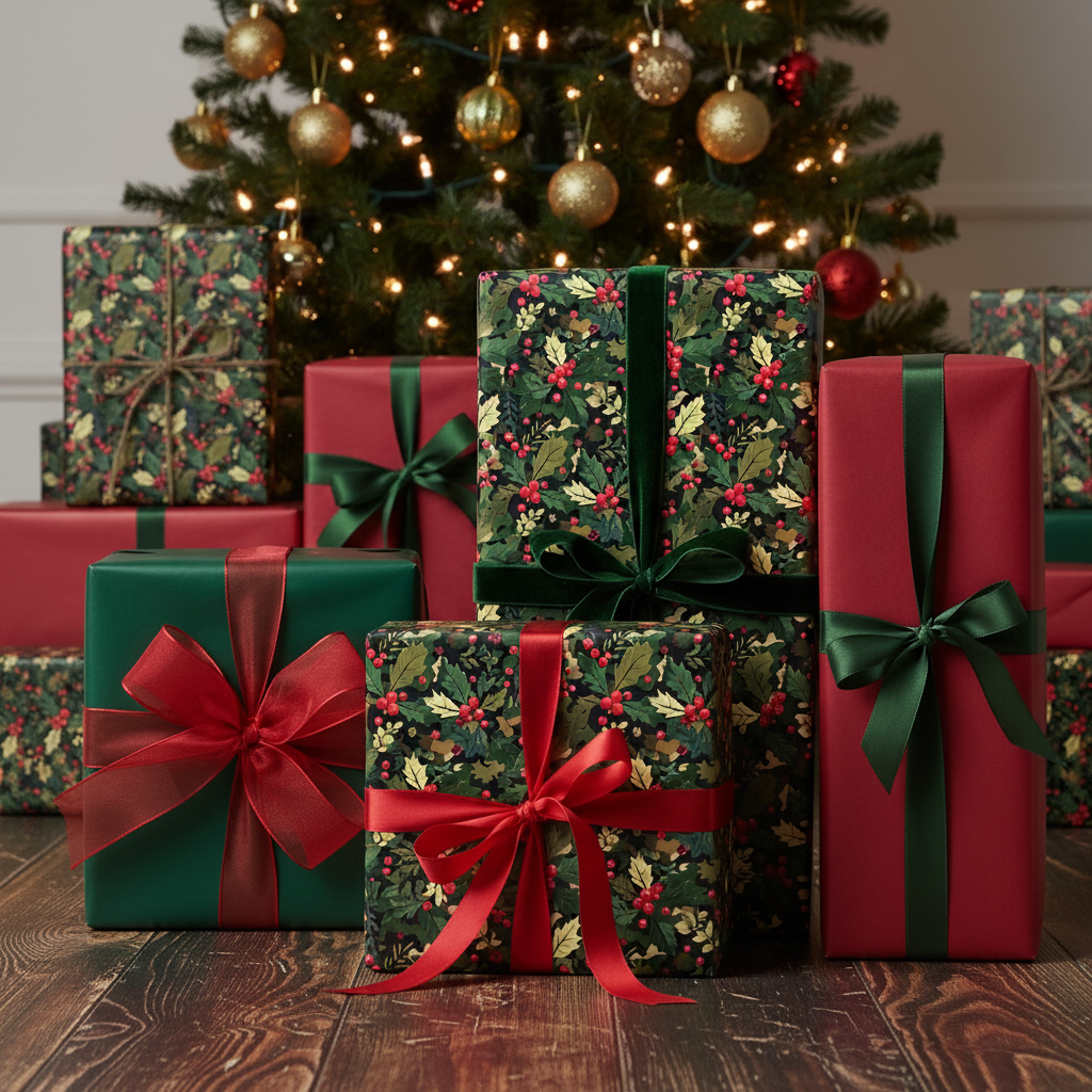 Festive Christmas gifts wrapped in floral holly berry paper with velvet ribbon under a lit Christmas tree.