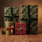 Elegant Christmas gift wrap featuring pine tree patterns, velvet ribbons, and rustic twine on wooden surface.