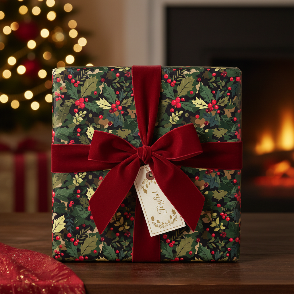 Elegant Christmas gift wrapped in holly berry paper with a red velvet ribbon.