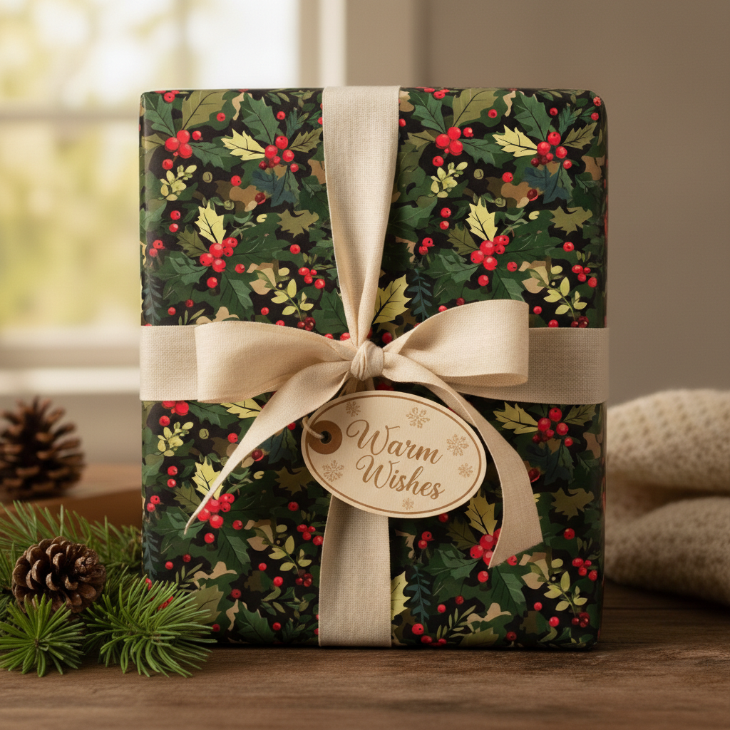 Christmas present wrapped in festive holly berry gift wrap with cream ribbon bow and Warm Wishes tag.