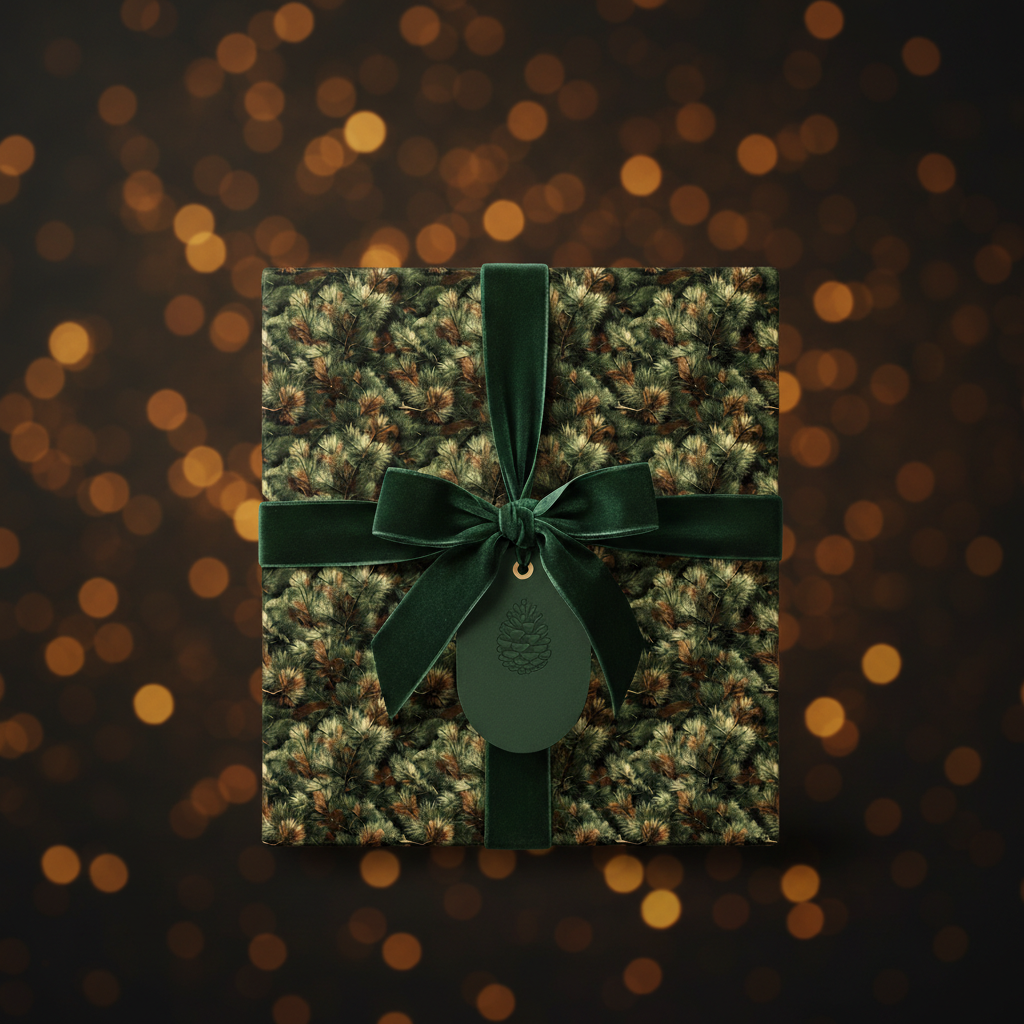 Elegant Christmas gift wrap with a pine needle pattern, velvet ribbon, and a pinecone gift tag.