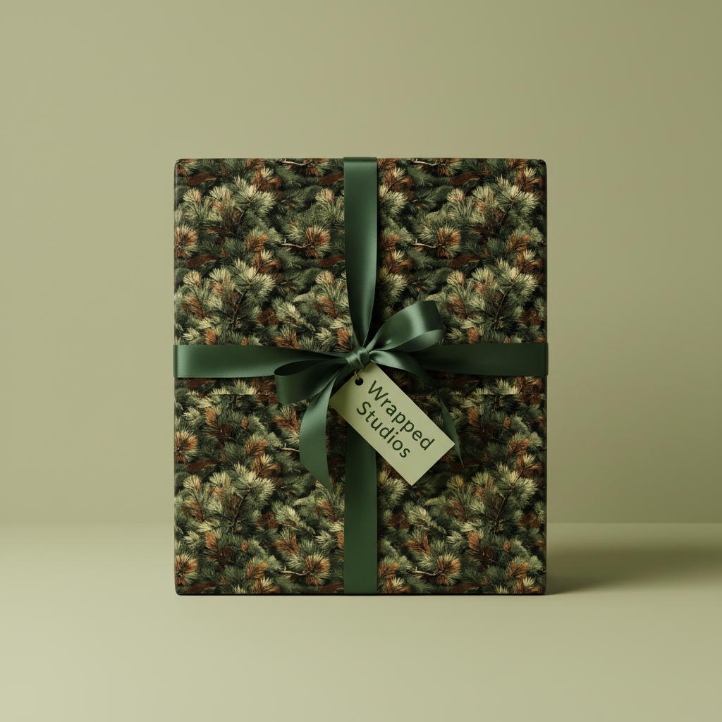 Square gift wrapped in green pine needle Christmas wrapping paper with satin ribbon and gift tag.