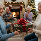 Elderly women exchanging a Christmas gift wrapped in festive holly berry wrapping paper with a red ribbon.
