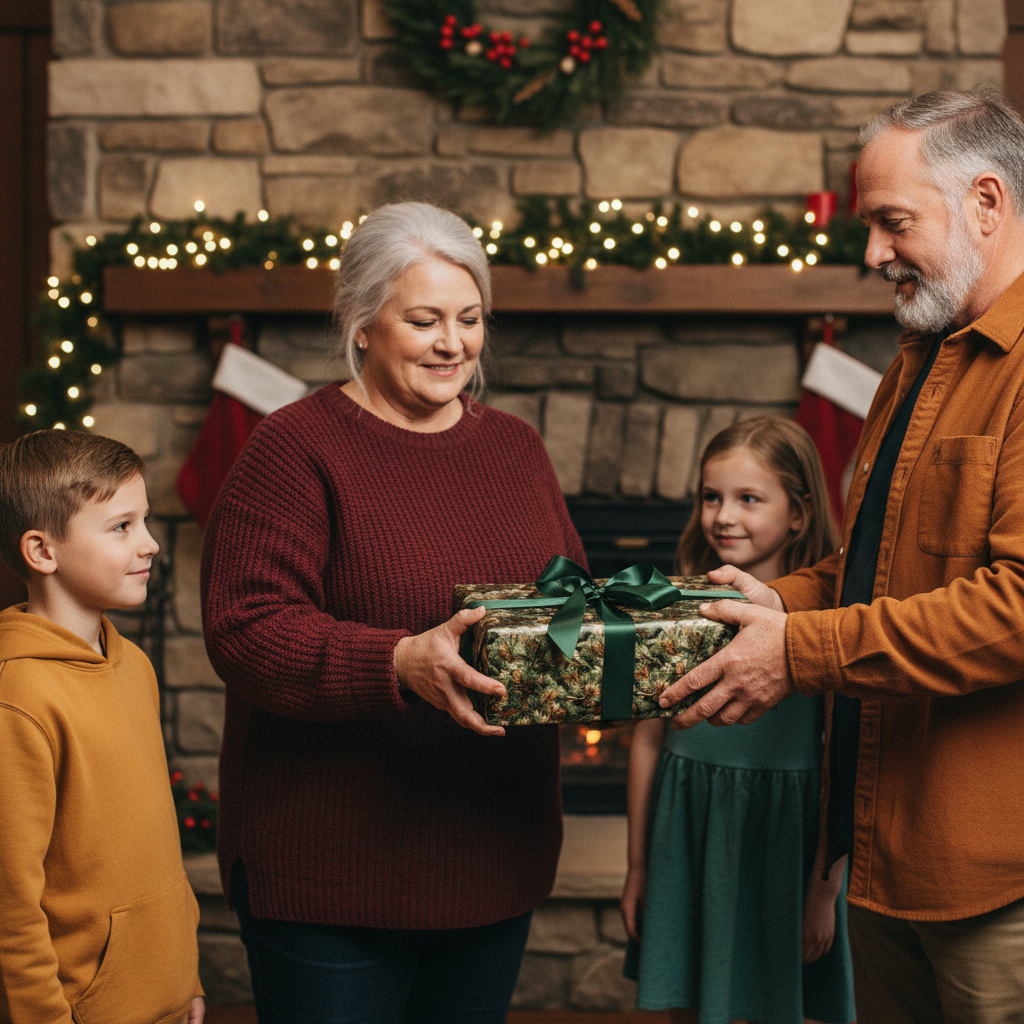 Family exchanging Christmas gifts wrapped in luxury floral wrapping paper with a dark green satin ribbon.