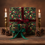 Elegant Christmas gift wrap: Holly berry pattern on presents with velvet ribbons, set on a rustic wooden table with candles.