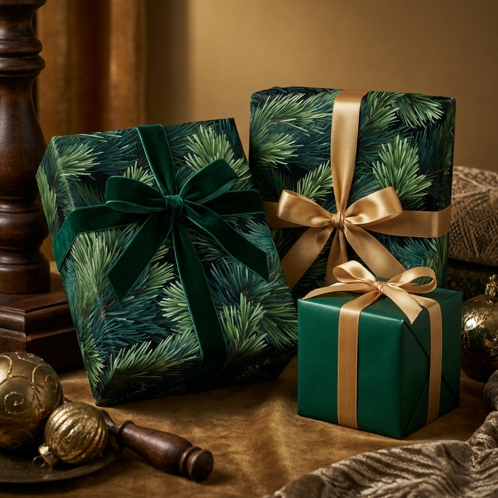 Wrapped Studios dark green pine needle Christmas wrapping paper with velvet and gold bows. Elegant holiday gifts.