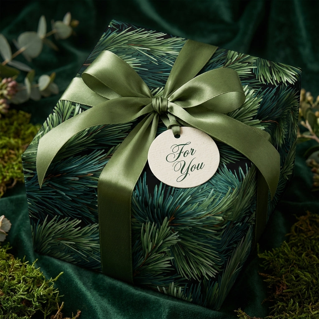 Rustic forest Christmas wrapping paper with green pine needles, an olive satin bow, and "For You" gift tag.