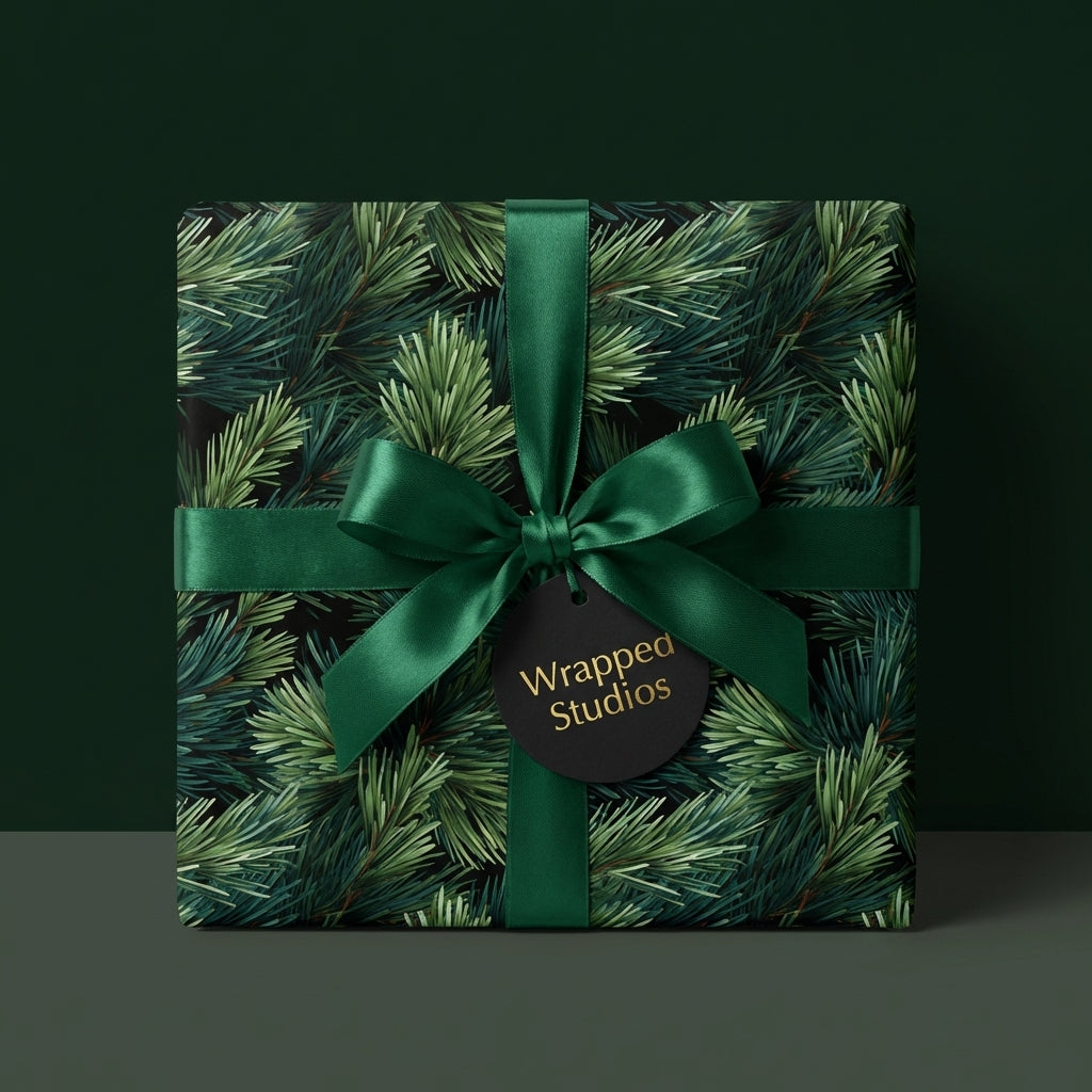 Luxury Christmas wrapping paper featuring realistic pine needles, a deep green satin bow, and Wrapped Studios tag.