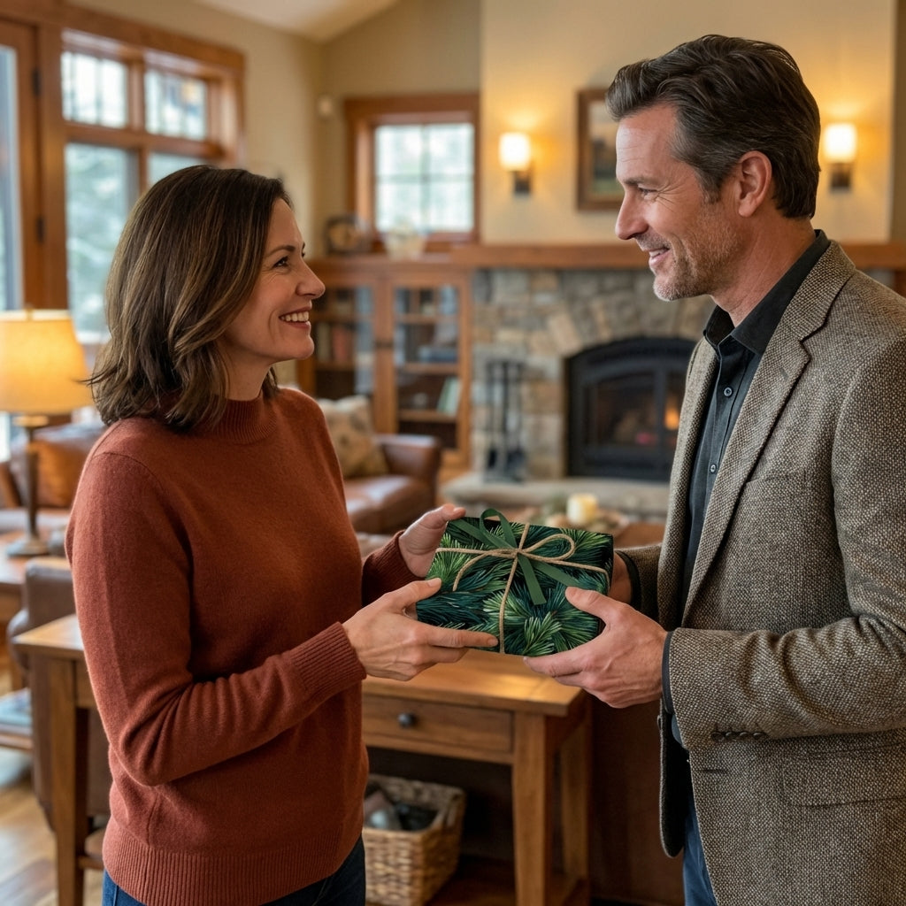 Wrapped Studios: Couple exchanging a gift wrapped in dark green pine needle Christmas paper with a green ribbon and twine bow.