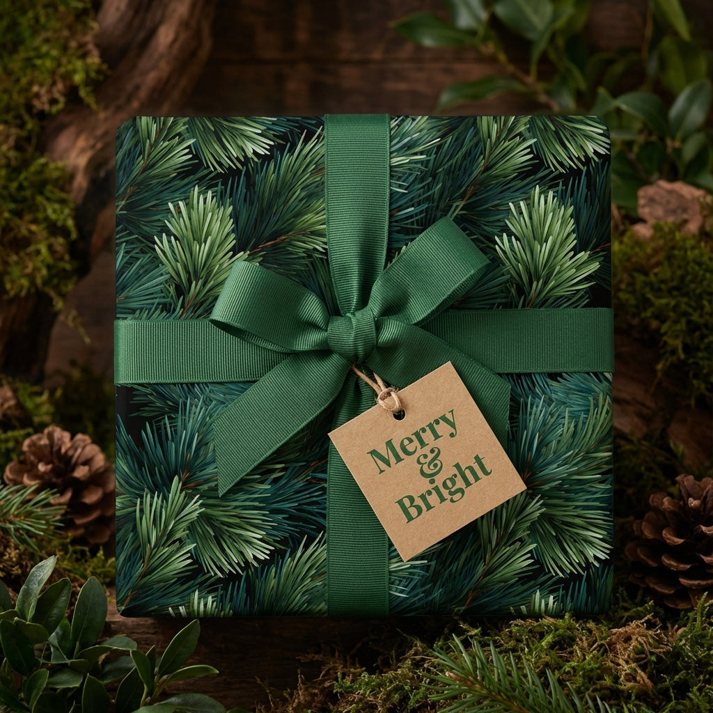 Luxury Christmas wrapping paper with green pine needle print, forest green ribbon, "Merry & Bright" tag. Wrapped Studios.