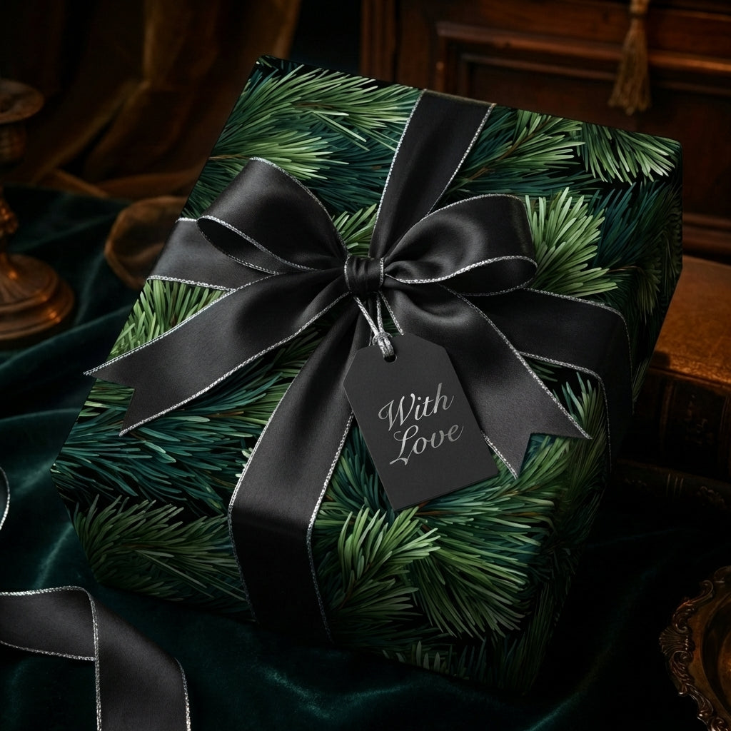 Luxury dark green pine Christmas wrapping paper with black satin ribbon, silver trim, and "With Love" gift tag.