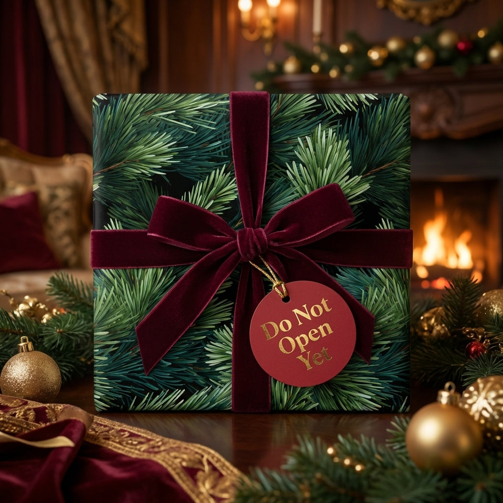 Elegant Christmas wrapping paper with pine needles, a burgundy velvet ribbon, and gold tag. Fireplace setting. Wrapped Studios.