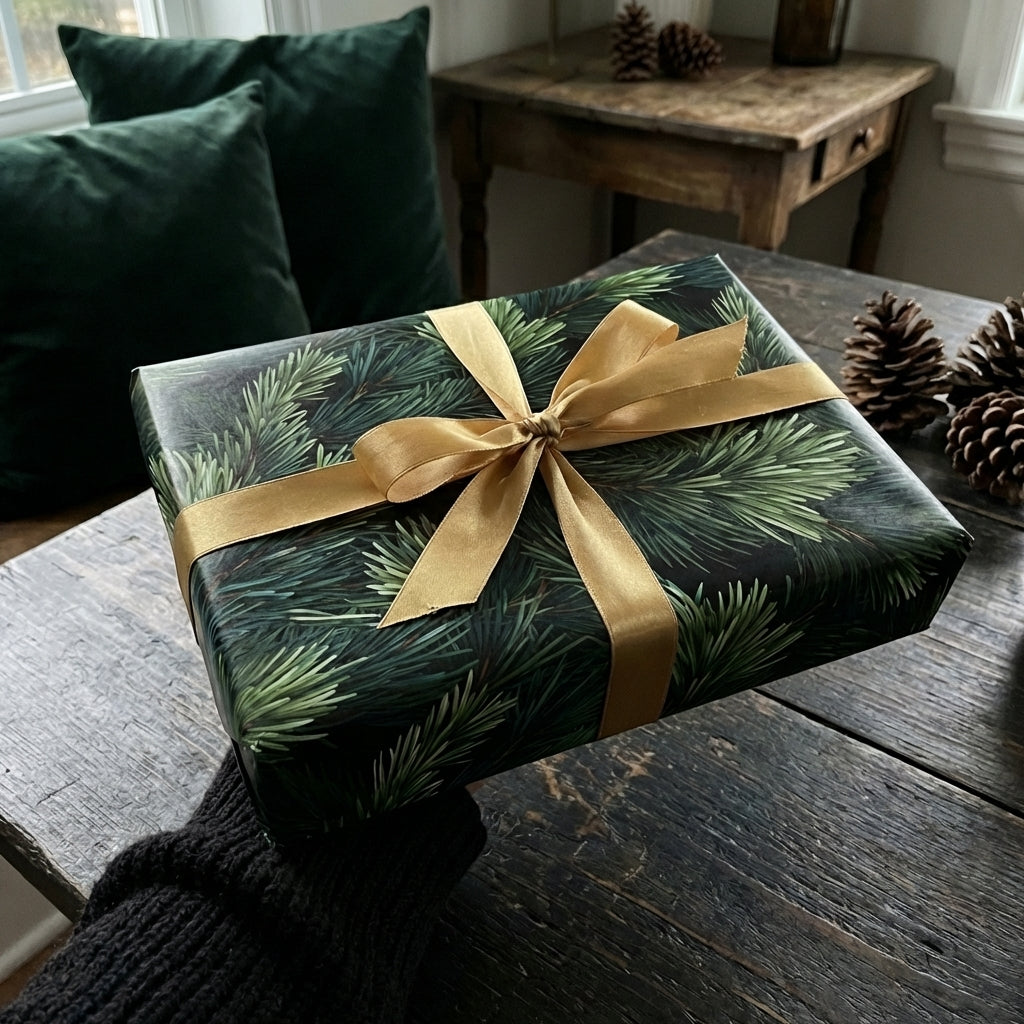 Wrapped Studios Christmas pine wrapping paper with deep green needles and a gold satin bow. Festive holiday gift.