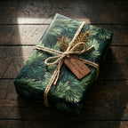 Rustic green pine Christmas gift wrap with jute twine, gold sprig, and a 'from our woods to yours' tag.