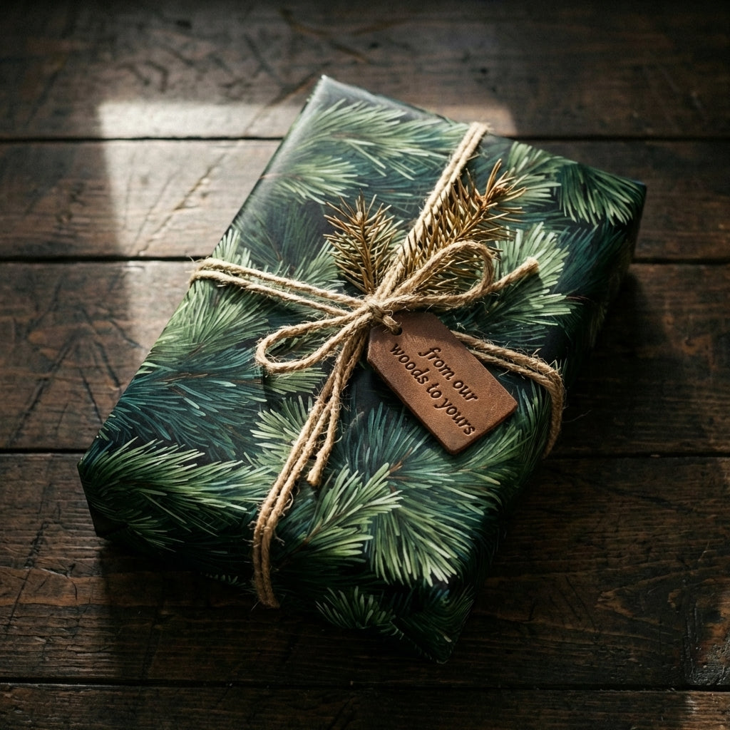 Rustic green pine Christmas gift wrap with jute twine, gold sprig, and a 'from our woods to yours' tag.