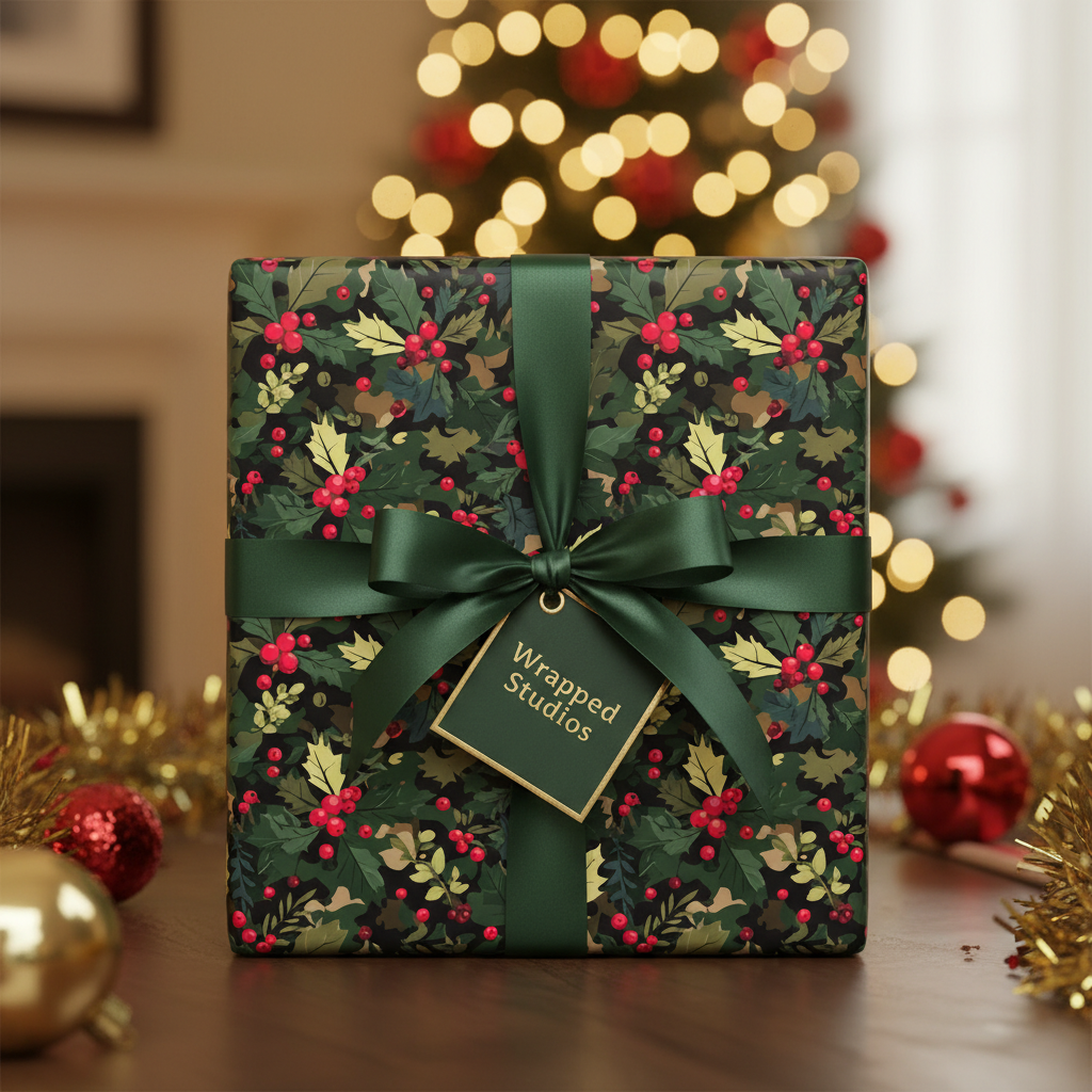 Elegant Christmas gift wrapped in dark green floral holly berry paper with satin ribbon and bow.