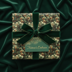 Elegant Christmas gift wrap featuring a pine needle pattern with a velvet green ribbon and bow.