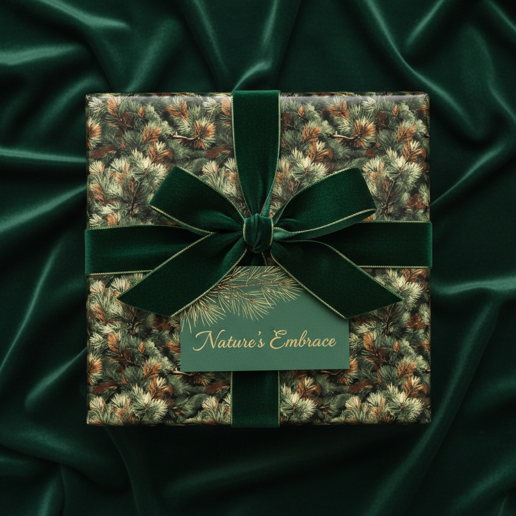 Elegant Christmas gift wrap featuring a pine needle pattern with a velvet green ribbon and bow.
