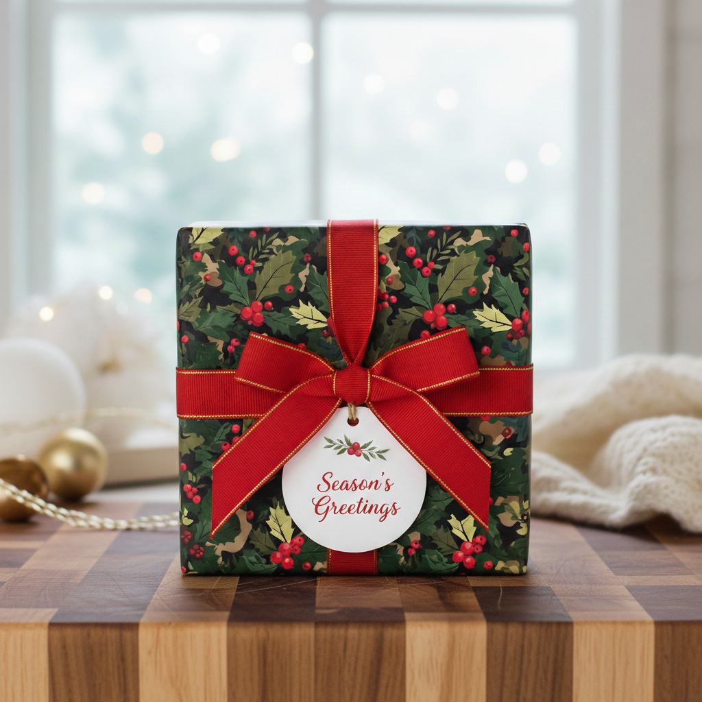 Square gift box wrapped in festive holly berry Christmas gift wrap with a red ribbon and "Season's Greetings" tag.