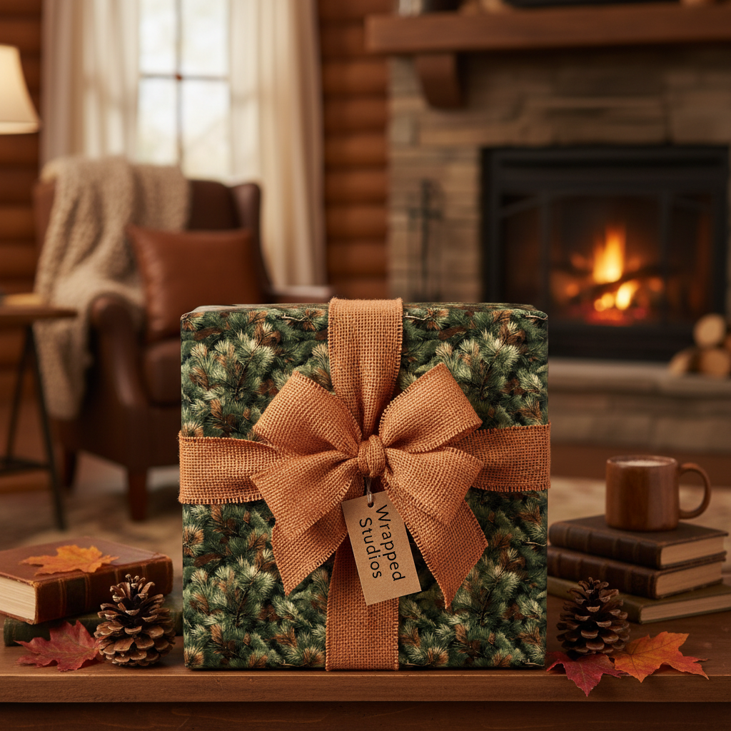 Rustic Christmas gift wrapped in evergreen print paper with burlap ribbon and cabin-themed background.